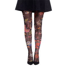 גרביון עם רגל בהדפס פרחי אביב על רקע שחור