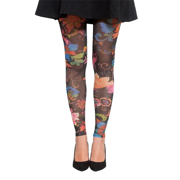 גרביון ללא רגל בהדפס פרחי אביב על רקע שחור